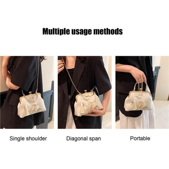 Embroidered Peony Flower Clutch Purse Chinese Style Evening Crossbody Bag - Picture 5 of 8